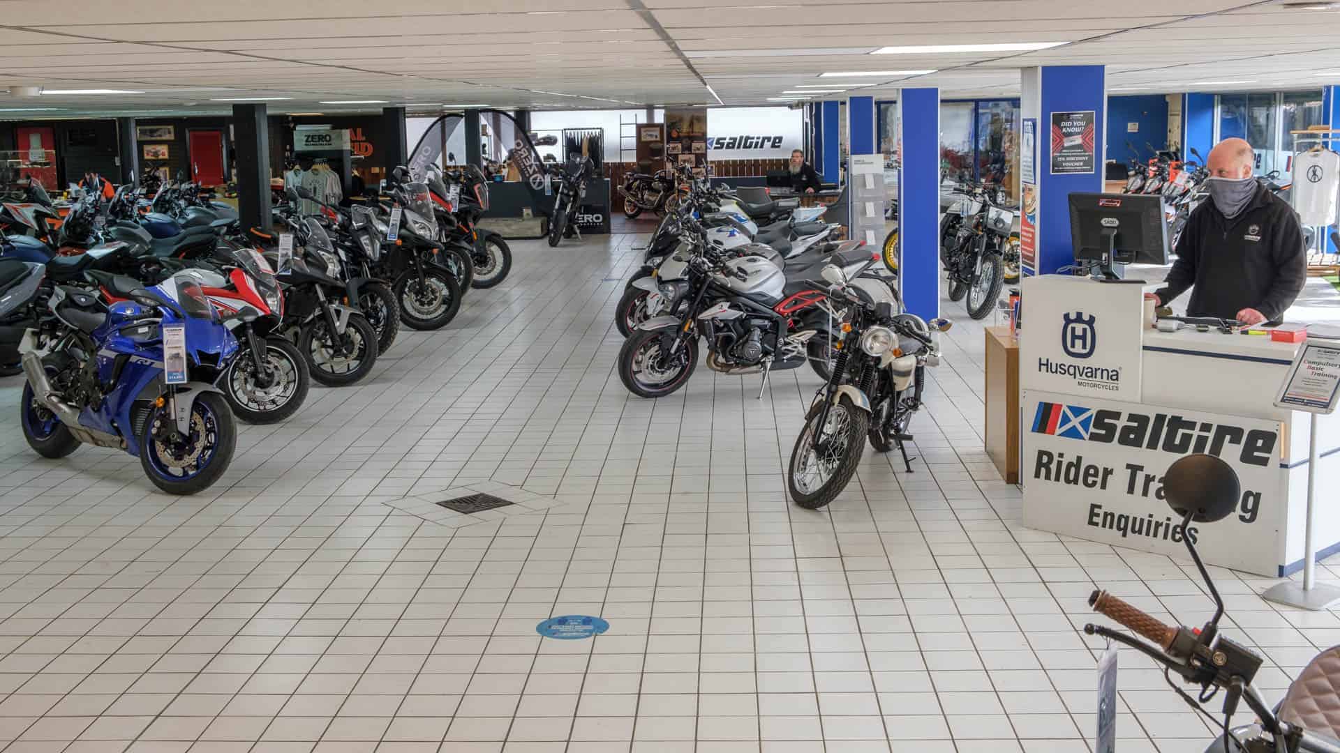 Motorcycles on display in shop