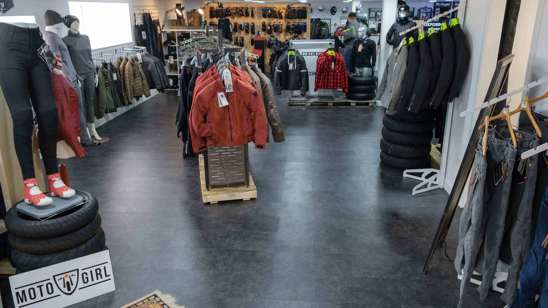 shop full of motorcycle clothing on display