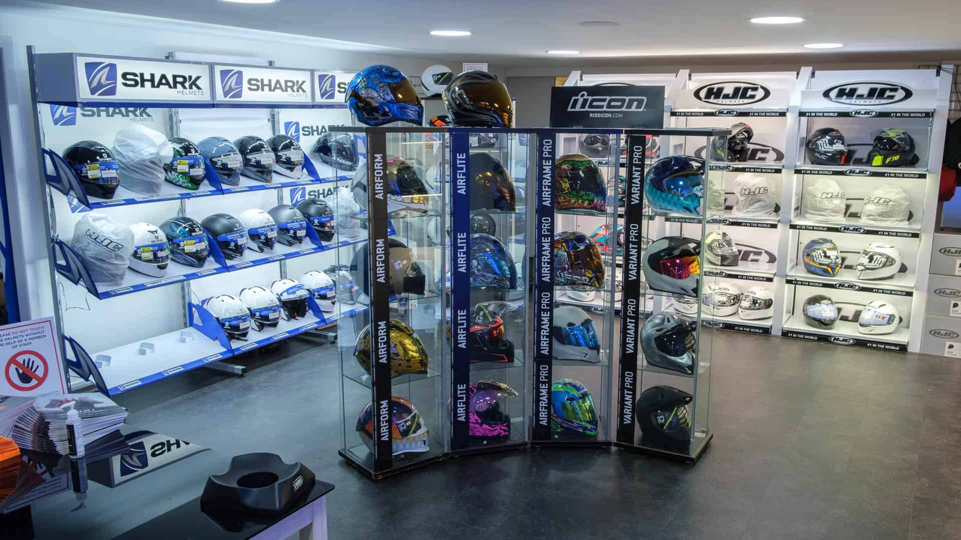 shop displaying motorcycle helmets