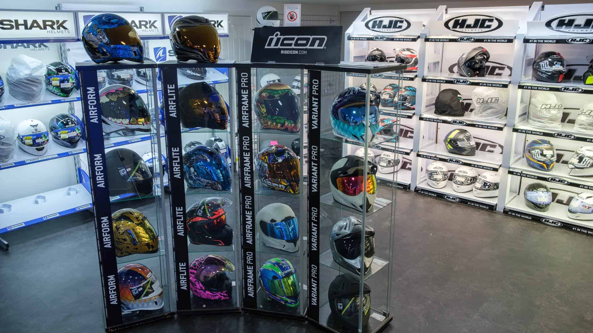 shop displaying motorcycle helmets